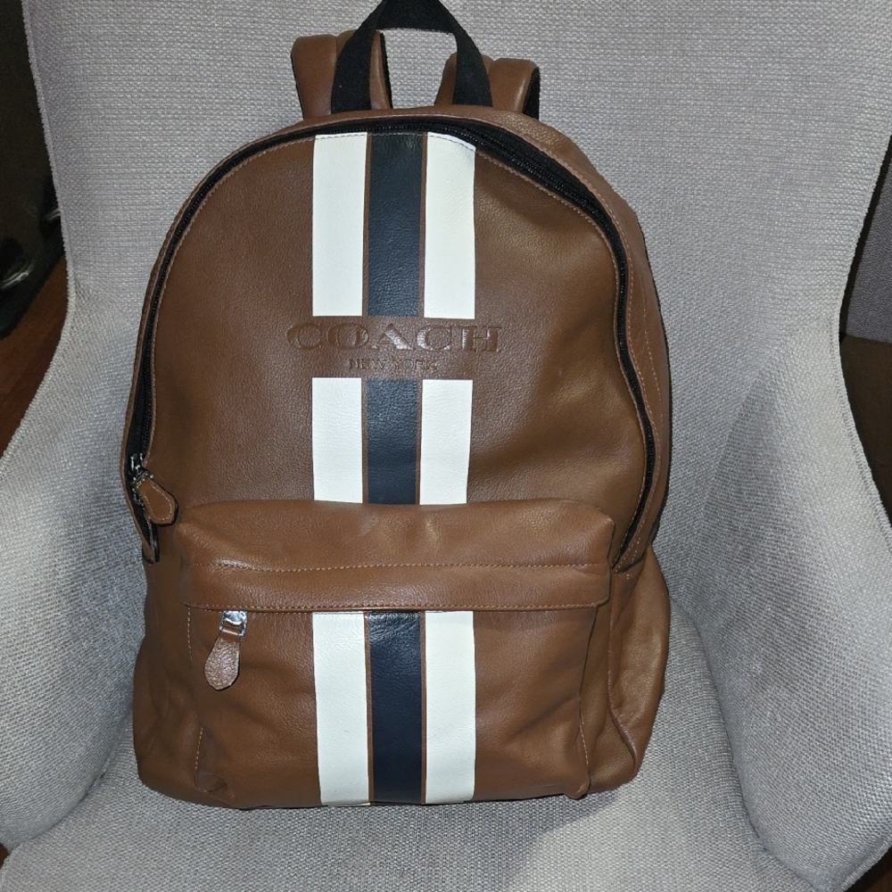 Coach Tan Leather Backpack with Black and White Accents